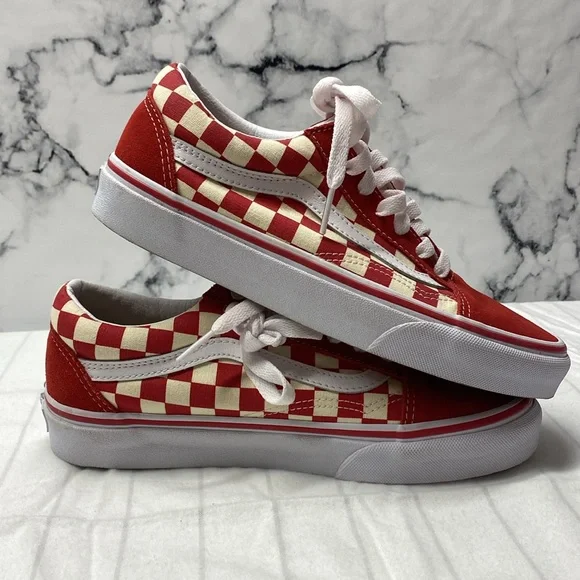 Vans Old Skool Checkerboard Racing Red Checkered Sneakers, Size 5.0 - Picture 2 of 9
